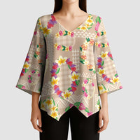 Hawaiian Kakau Tattoo Leis and Palaka Pattern Kimono Sleeve Blouse Traditional Aloha Tribal Beige Color LT03 - Polynesian Pride