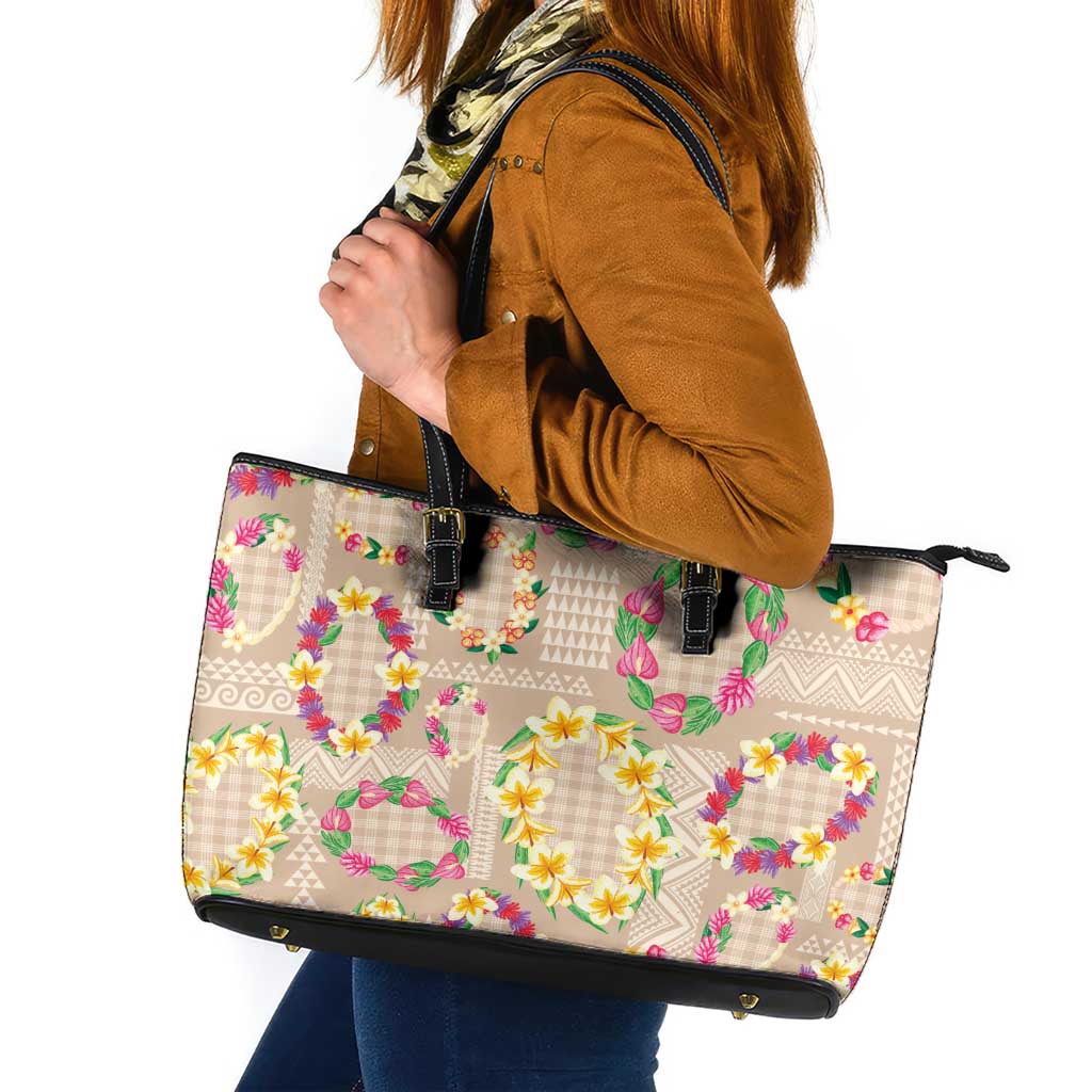 Hawaiian Kakau Tattoo Leis and Palaka Pattern Leather Tote Bag Traditional Aloha Tribal Beige Color LT03 Beige - Polynesian Pride