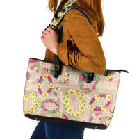 Hawaiian Kakau Tattoo Leis and Palaka Pattern Leather Tote Bag Traditional Aloha Tribal Beige Color LT03 Beige - Polynesian Pride
