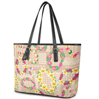 Hawaiian Kakau Tattoo Leis and Palaka Pattern Leather Tote Bag Traditional Aloha Tribal Beige Color LT03 - Polynesian Pride