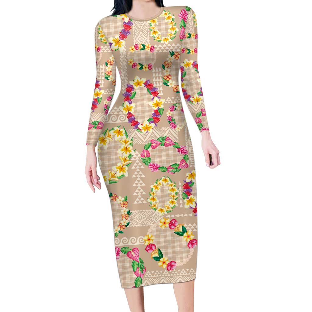 Hawaiian Kakau Tattoo Leis and Palaka Pattern Long Sleeve Bodycon Dress Traditional Aloha Tribal Beige Color LT03 Long Dress Beige - Polynesian Pride