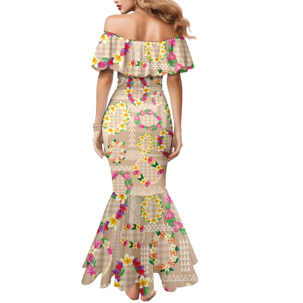 Hawaiian Kakau Tattoo Leis and Palaka Pattern Mermaid Dress Traditional Aloha Tribal Beige Color LT03 - Polynesian Pride