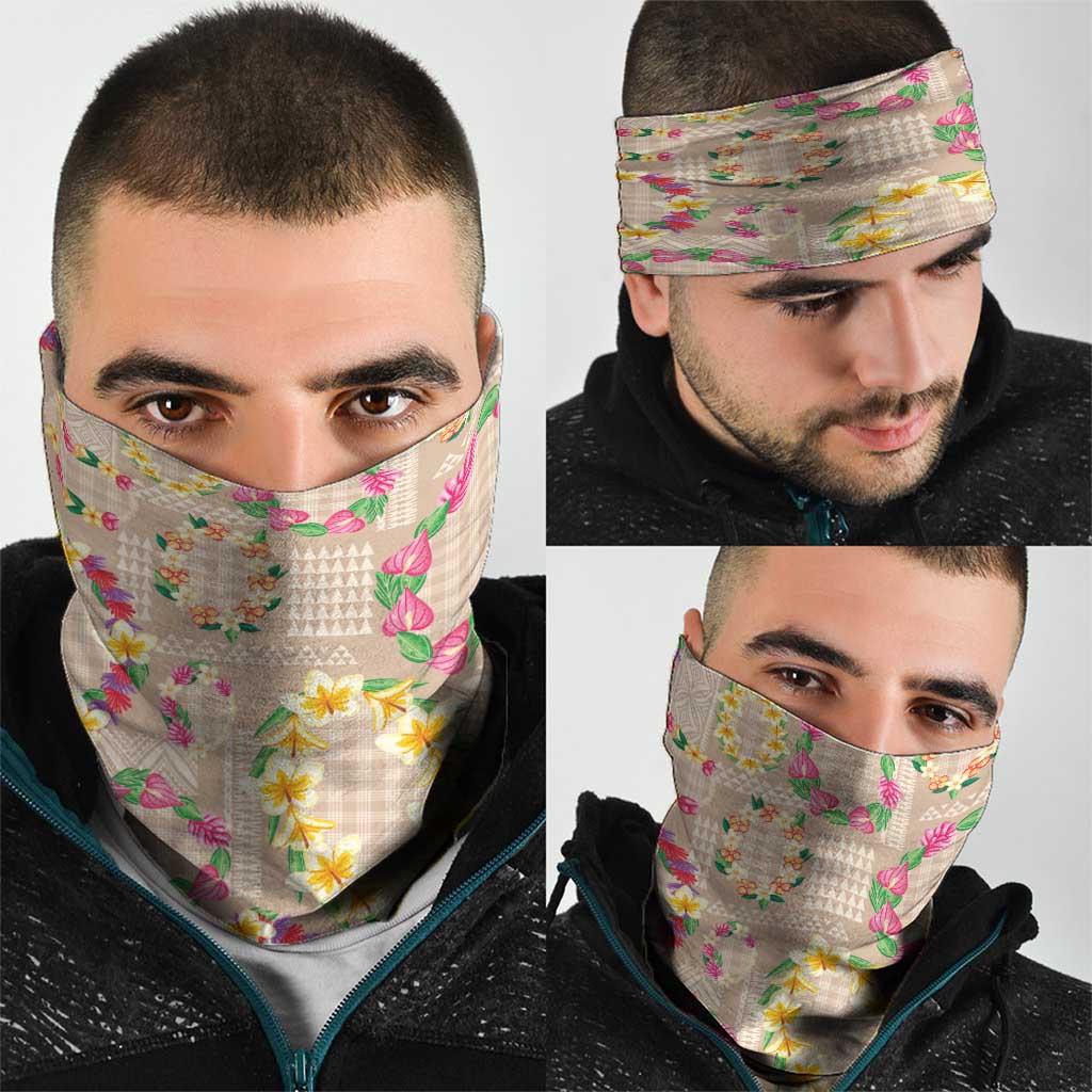 Hawaiian Kakau Tattoo Leis and Palaka Pattern Neck Gaiter Traditional Aloha Tribal Beige Color