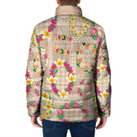 Hawaiian Kakau Tattoo Leis and Palaka Pattern Padded Jacket Traditional Aloha Tribal Beige Color