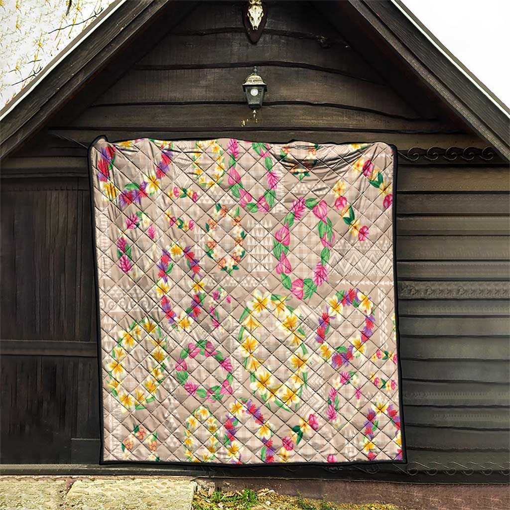 Hawaiian Kakau Tattoo Leis and Palaka Pattern Quilt Traditional Aloha Tribal Beige Color