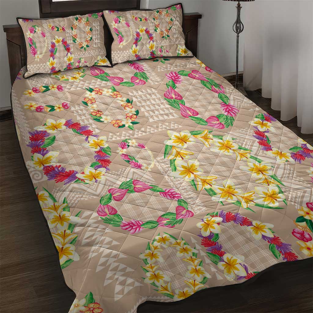 Hawaiian Kakau Tattoo Leis and Palaka Pattern Quilt Bed Set Traditional Aloha Tribal Beige Color