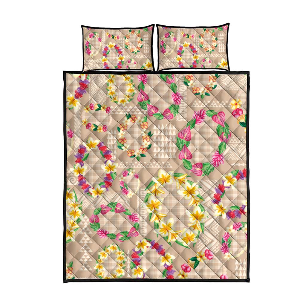 Hawaiian Kakau Tattoo Leis and Palaka Pattern Quilt Bed Set Traditional Aloha Tribal Beige Color
