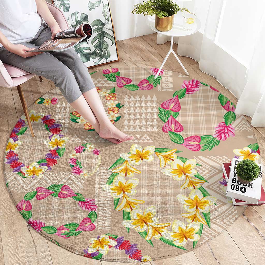 Hawaiian Kakau Tattoo Leis and Palaka Pattern Round Carpet Traditional Aloha Tribal Beige Color