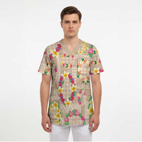 Hawaiian Kakau Tattoo Leis and Palaka Pattern Scrub Top Traditional Aloha Tribal Beige Color
