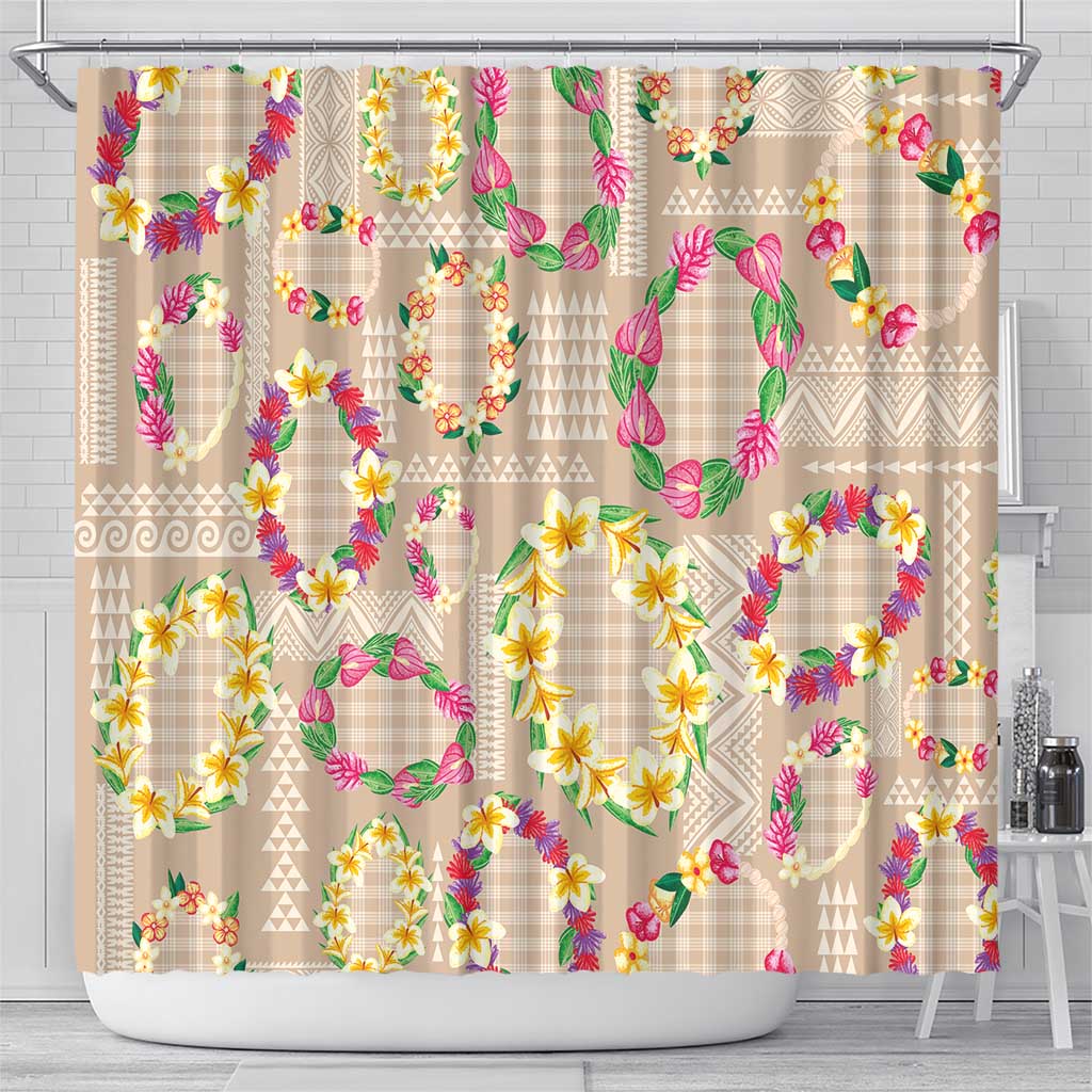 Hawaiian Kakau Tattoo Leis and Palaka Pattern Shower Curtain Traditional Aloha Tribal Beige Color LT03 - Polynesian Pride