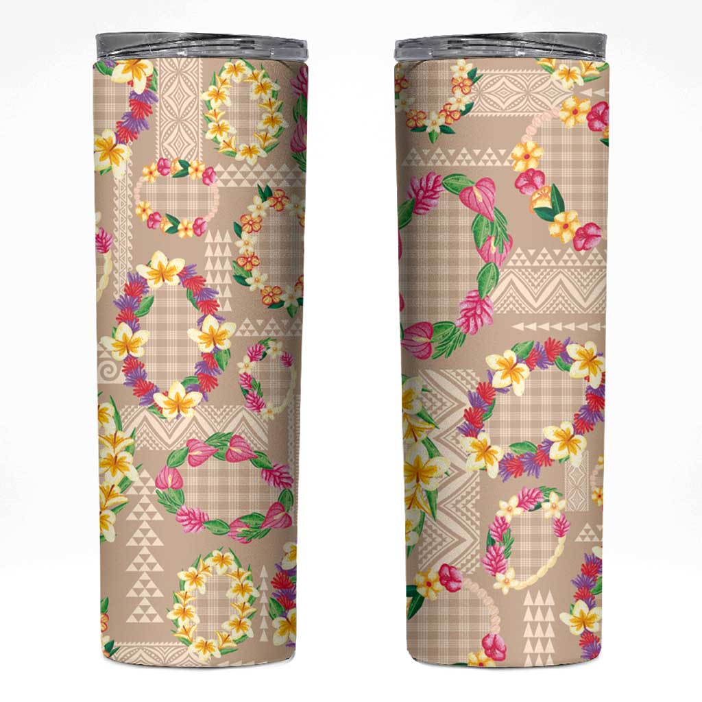 Hawaiian Kakau Tattoo Leis and Palaka Pattern Skinny Tumbler Traditional Aloha Tribal Beige Color