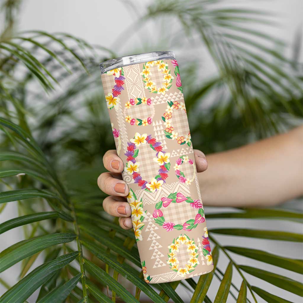 Hawaiian Kakau Tattoo Leis and Palaka Pattern Skinny Tumbler Traditional Aloha Tribal Beige Color LT03 - Polynesian Pride
