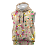 Hawaiian Kakau Tattoo Leis and Palaka Pattern Sleeveless Hoodie Traditional Aloha Tribal Beige Color LT03 Beige - Polynesian Pride