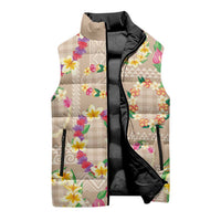 Hawaiian Kakau Tattoo Leis and Palaka Pattern Sleeveless Puffer Jacket Traditional Aloha Tribal Beige Color