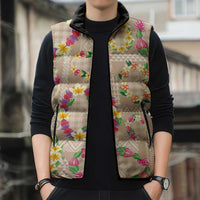 Hawaiian Kakau Tattoo Leis and Palaka Pattern Sleeveless Puffer Jacket Traditional Aloha Tribal Beige Color