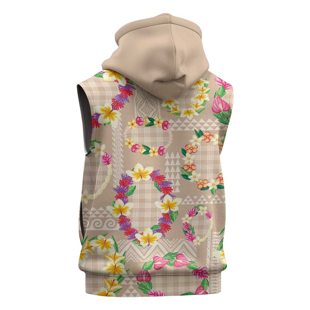 Hawaiian Kakau Tattoo Leis and Palaka Pattern Sleeveless Zip Hoodie Traditional Aloha Tribal Beige Color LT03 - Polynesian Pride