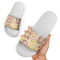 Hawaiian Kakau Tattoo Leis and Palaka Pattern Slide Sandals Traditional Aloha Tribal Beige Color