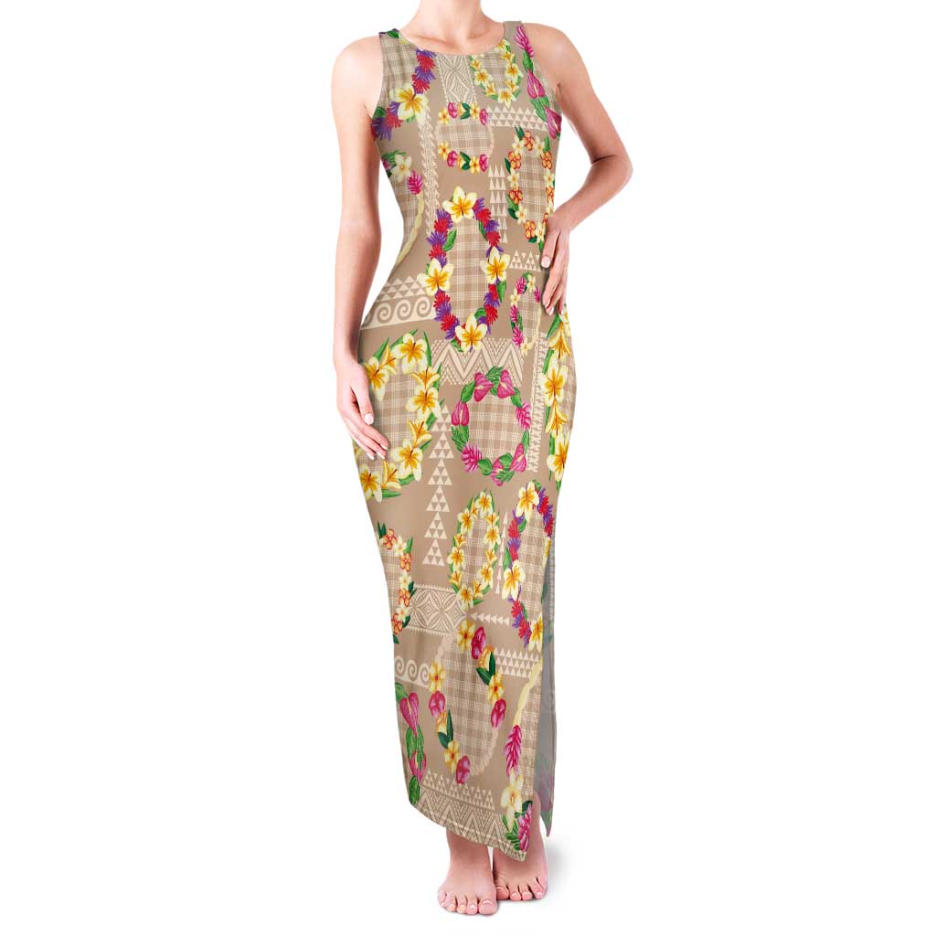 Hawaiian Kakau Tattoo Leis and Palaka Pattern Tank Maxi Dress Traditional Aloha Tribal Beige Color LT03 Women Beige - Polynesian Pride