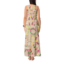 Hawaiian Kakau Tattoo Leis and Palaka Pattern Tank Maxi Dress Traditional Aloha Tribal Beige Color LT03 - Polynesian Pride