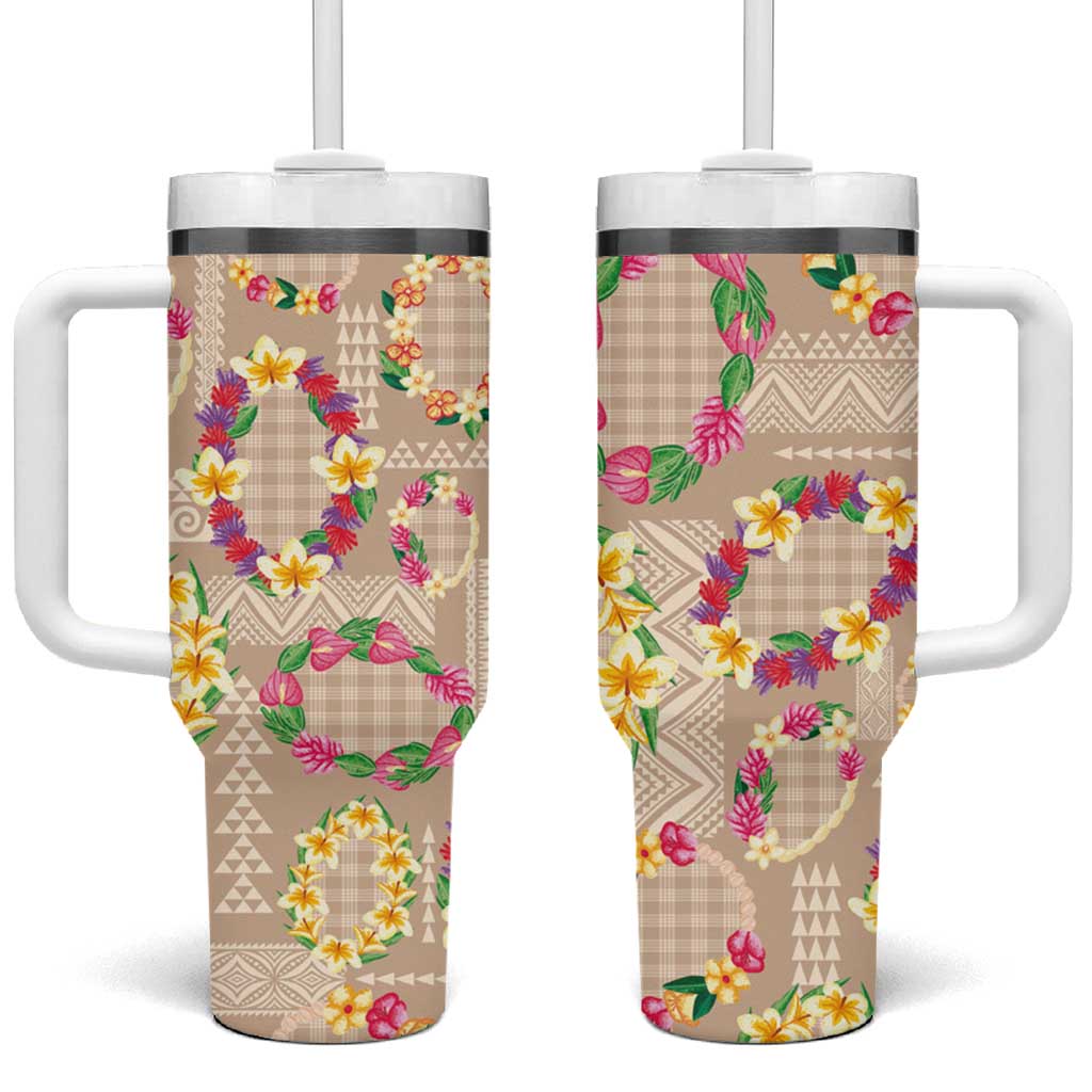 Hawaiian Kakau Tattoo Leis and Palaka Pattern Tumbler With Handle Traditional Aloha Tribal Beige Color LT03 One Size: 40 oz Beige - Polynesian Pride