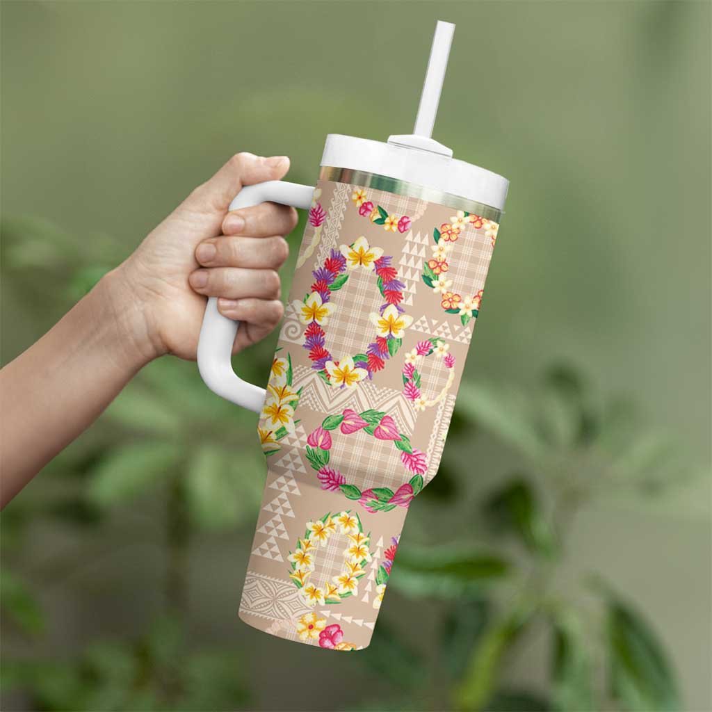 Hawaiian Kakau Tattoo Leis and Palaka Pattern Tumbler With Handle Traditional Aloha Tribal Beige Color LT03 - Polynesian Pride
