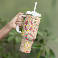 Hawaiian Kakau Tattoo Leis and Palaka Pattern Tumbler With Handle Traditional Aloha Tribal Beige Color LT03 - Polynesian Pride