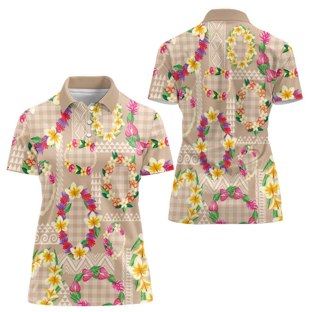 Hawaiian Kakau Tattoo Leis and Palaka Pattern Women Polo Shirt Traditional Aloha Tribal Beige Color LT03 - Polynesian Pride