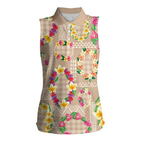 Hawaiian Kakau Tattoo Leis and Palaka Pattern Women Sleeveless Polo Shirt Traditional Aloha Tribal Beige Color LT03 Female Beige - Polynesian Pride