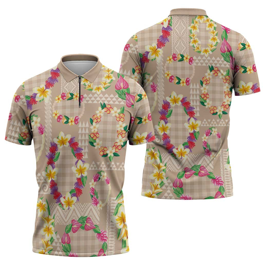 Hawaiian Kakau Tattoo Leis and Palaka Pattern Zipper Polo Shirt Traditional Aloha Tribal Beige Color LT03 - Polynesian Pride