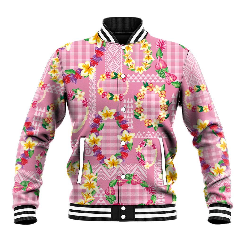 Hawaiian Leis Baseball Jacket Kakau Tattoos and Palaka Pastel Pink Color
