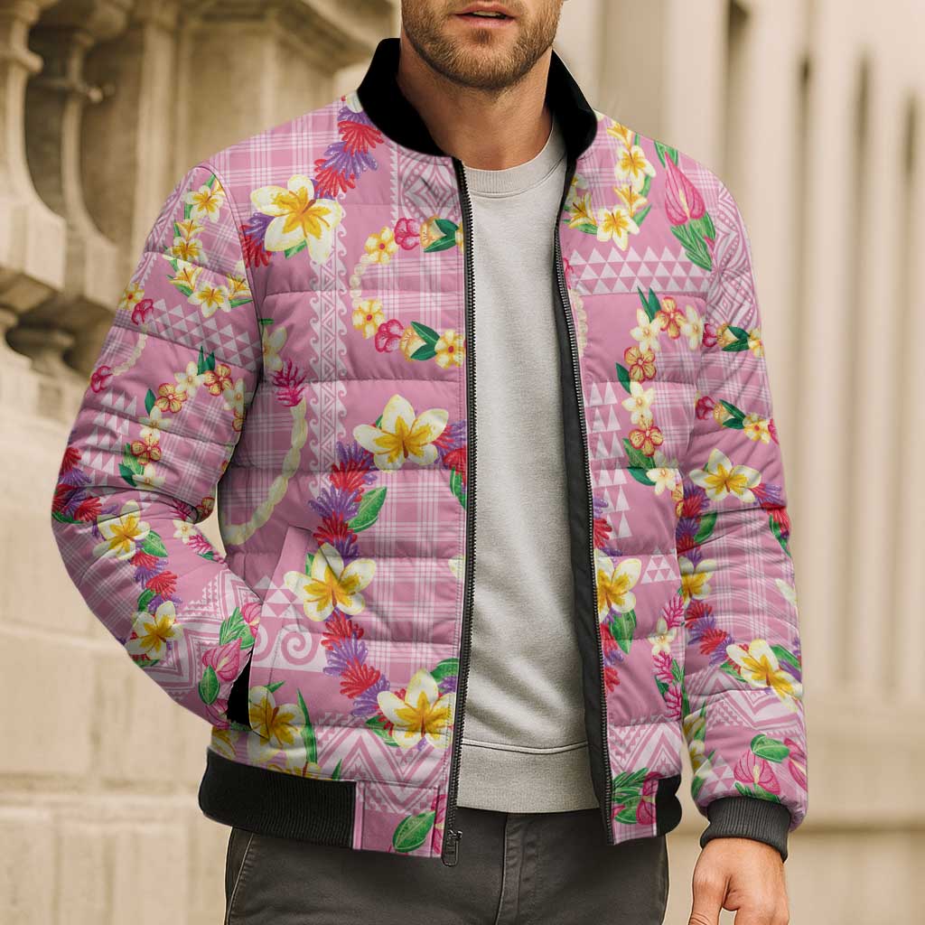Hawaiian Leis Bomber Puffer Jacket Kakau Tattoos and Palaka Pastel Pink Color