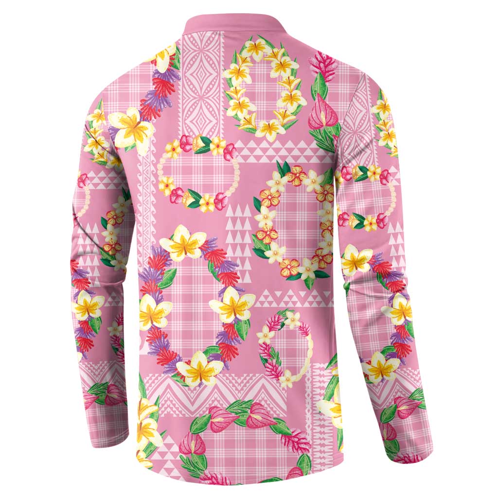 Hawaiian Leis Button Sweatshirt Kakau Tattoos and Palaka Pastel Pink Color