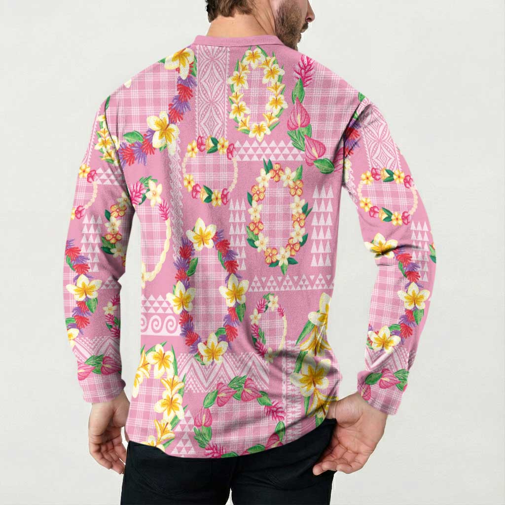 Hawaiian Leis Button Sweatshirt Kakau Tattoos and Palaka Pastel Pink Color