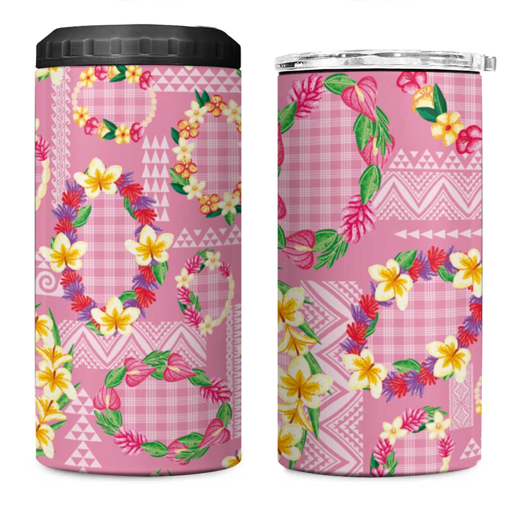 Hawaiian Leis 4 in 1 Can Cooler Tumbler Kakau Tattoos and Palaka Pastel Pink Color LT03 One Size: 16 oz Pink - Polynesian Pride