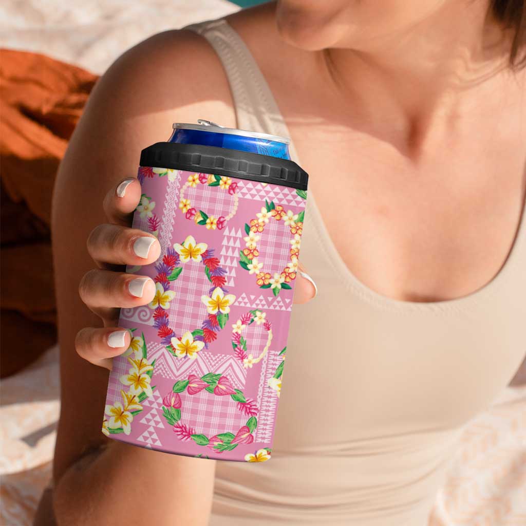 Hawaiian Leis 4 in 1 Can Cooler Tumbler Kakau Tattoos and Palaka Pastel Pink Color LT03 - Polynesian Pride