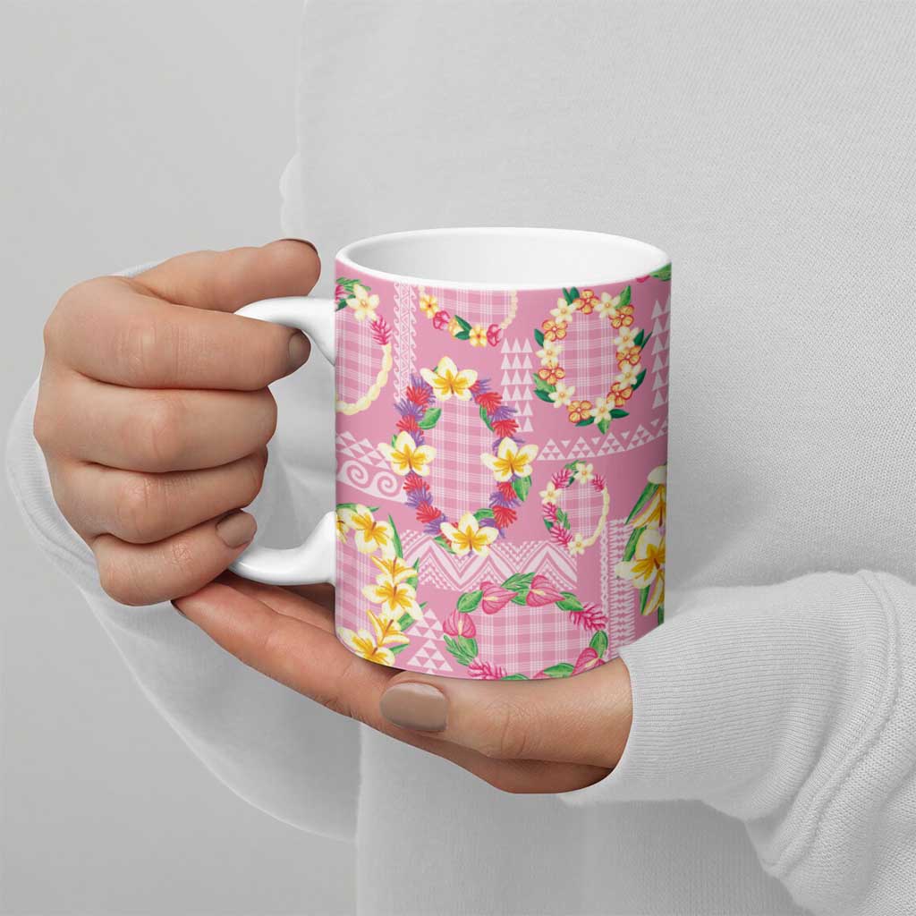 Hawaiian Leis Ceramic Mug Kakau Tattoos and Palaka Pastel Pink Color