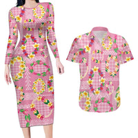 Hawaiian Leis Couples Matching Long Sleeve Bodycon Dress and Hawaiian Shirt Kakau Tattoos and Palaka Pastel Pink Color LT03 Pink - Polynesian Pride