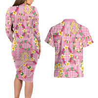 Hawaiian Leis Couples Matching Long Sleeve Bodycon Dress and Hawaiian Shirt Kakau Tattoos and Palaka Pastel Pink Color LT03 - Polynesian Pride