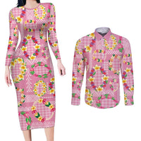 Hawaiian Leis Couples Matching Long Sleeve Bodycon Dress and Long Sleeve Button Shirt Kakau Tattoos and Palaka Pastel Pink Color LT03 Pink - Polynesian Pride