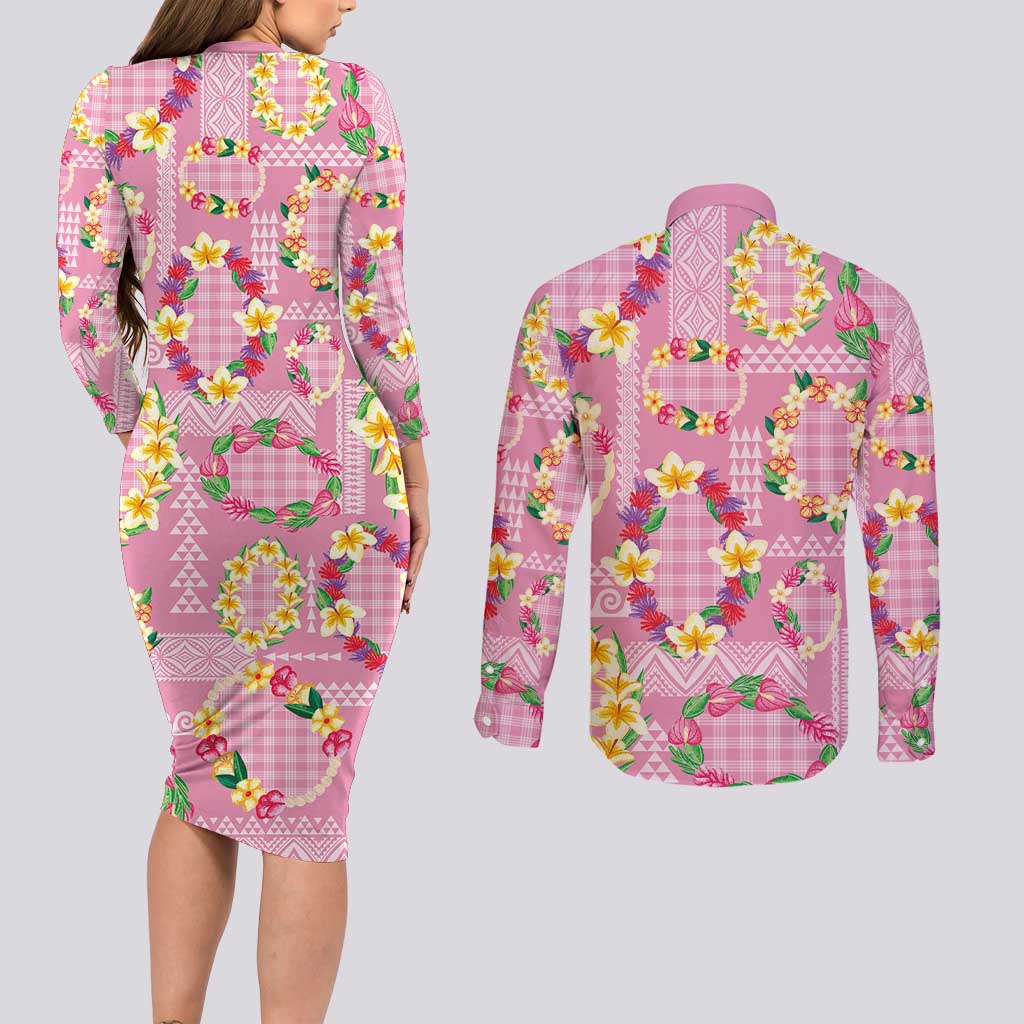 Hawaiian Leis Couples Matching Long Sleeve Bodycon Dress and Long Sleeve Button Shirt Kakau Tattoos and Palaka Pastel Pink Color LT03 - Polynesian Pride