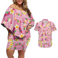 Hawaiian Leis Couples Matching Off Shoulder Short Dress and Hawaiian Shirt Kakau Tattoos and Palaka Pastel Pink Color LT03 Pink - Polynesian Pride