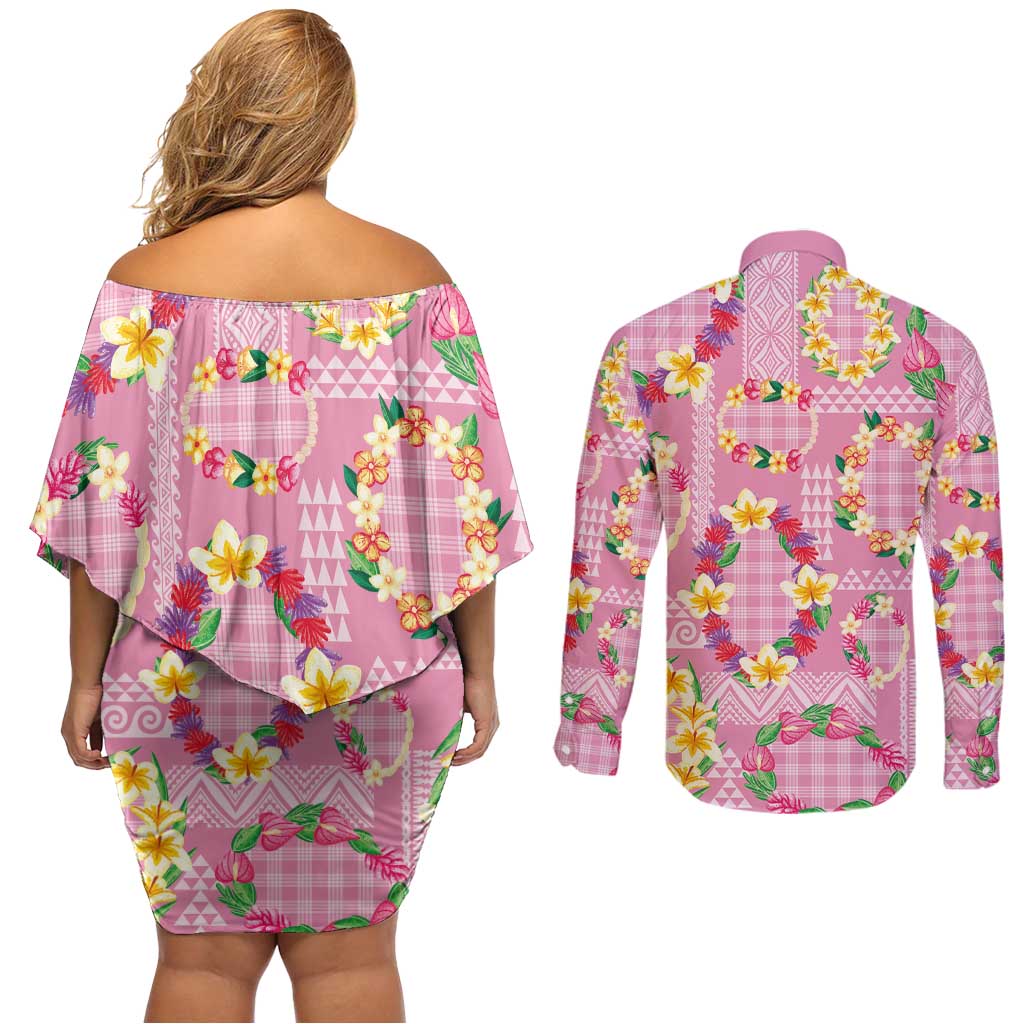 Hawaiian Leis Couples Matching Off Shoulder Short Dress and Long Sleeve Button Shirt Kakau Tattoos and Palaka Pastel Pink Color LT03 - Polynesian Pride