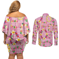 Hawaiian Leis Couples Matching Off Shoulder Short Dress and Long Sleeve Button Shirt Kakau Tattoos and Palaka Pastel Pink Color LT03 - Polynesian Pride