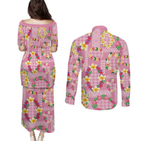 Hawaiian Leis Couples Matching Puletasi and Long Sleeve Button Shirt Kakau Tattoos and Palaka Pastel Pink Color LT03 - Polynesian Pride