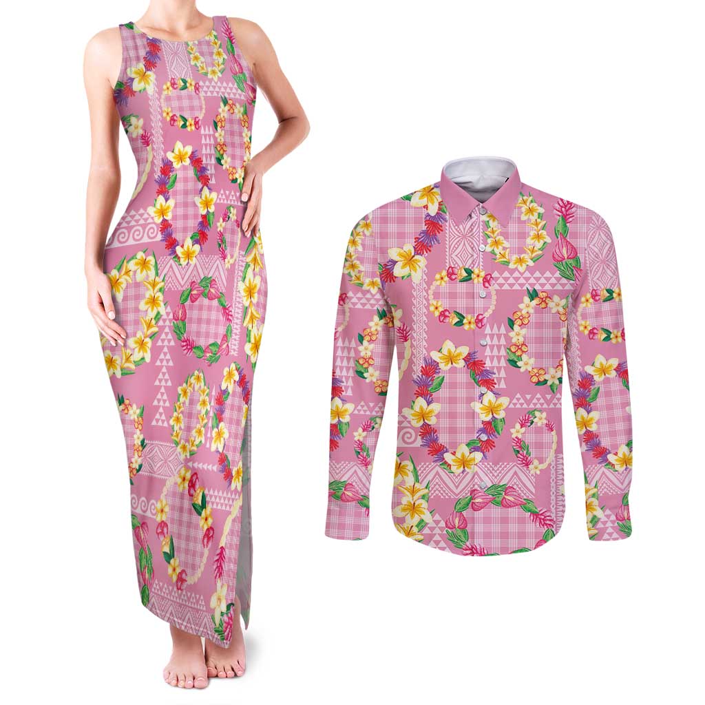 Hawaiian Leis Couples Matching Tank Maxi Dress and Long Sleeve Button Shirt Kakau Tattoos and Palaka Pastel Pink Color LT03 Pink - Polynesian Pride