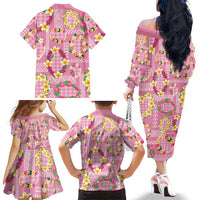 Hawaiian Leis Family Matching Off The Shoulder Long Sleeve Dress and Hawaiian Shirt Kakau Tattoos and Palaka Pastel Pink Color LT03 - Polynesian Pride