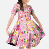 Hawaiian Leis Family Matching Off Shoulder Maxi Dress and Hawaiian Shirt Kakau Tattoos and Palaka Pastel Pink Color LT03 Daughter's Dress Pink - Polynesian Pride