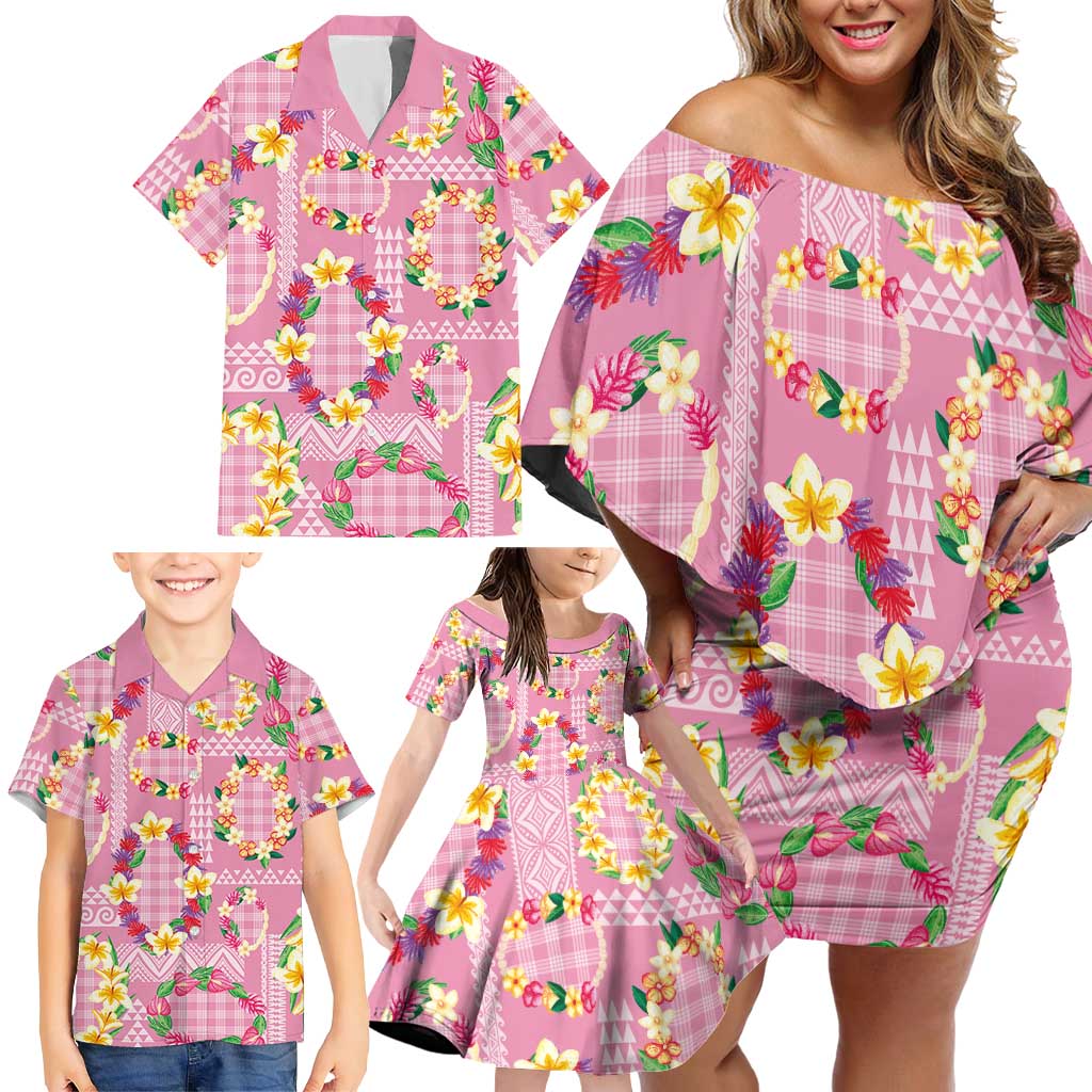 Hawaiian Leis Family Matching Off Shoulder Short Dress and Hawaiian Shirt Kakau Tattoos and Palaka Pastel Pink Color