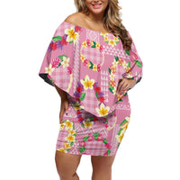 Hawaiian Leis Family Matching Off Shoulder Short Dress and Hawaiian Shirt Kakau Tattoos and Palaka Pastel Pink Color LT03 Mom's Dress Pink - Polynesian Pride