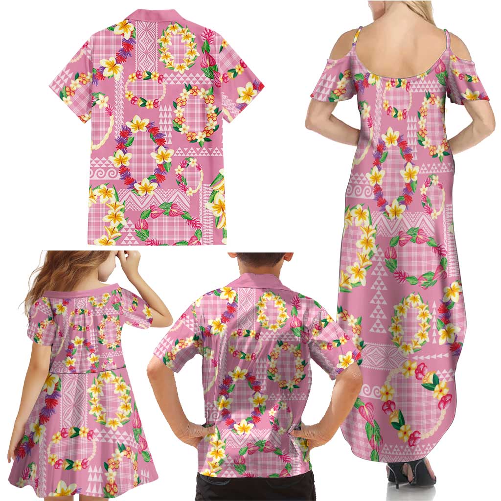Hawaiian Leis Family Matching Summer Maxi Dress and Hawaiian Shirt Kakau Tattoos and Palaka Pastel Pink Color LT03 - Polynesian Pride